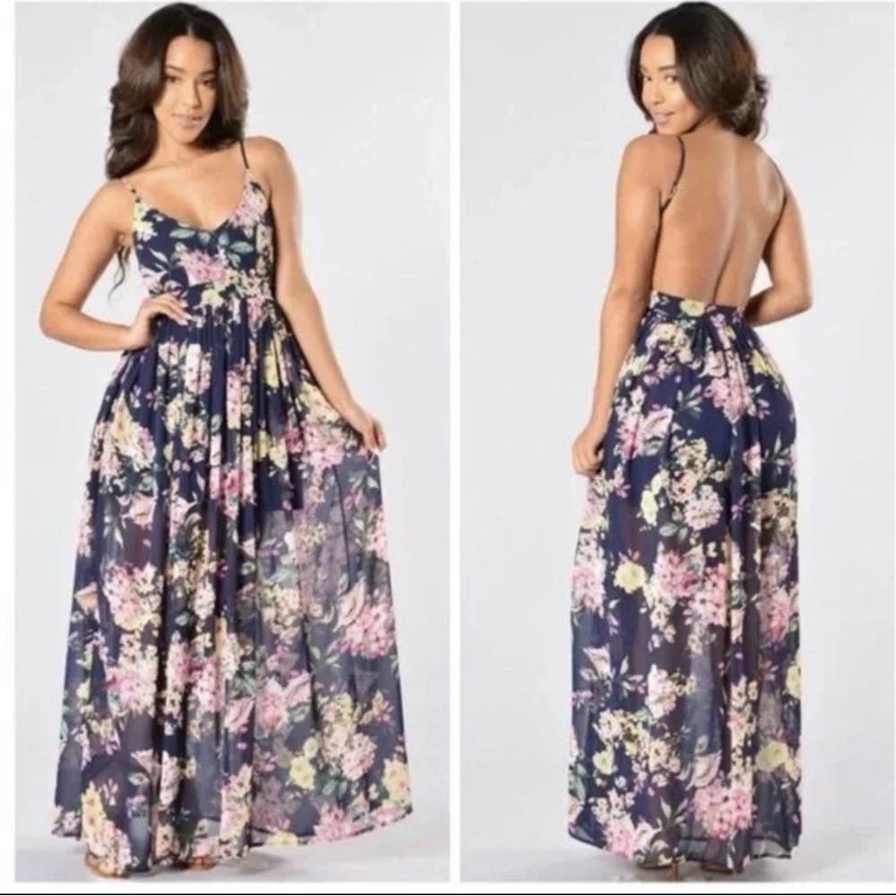 Floral Maxi Dress - Navy and Pink